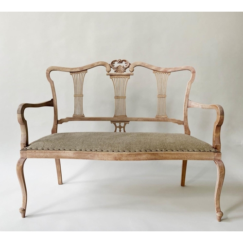 286 - HALL SEAT, late 19th century fruitwood with triple comb splat back and studded linen upholstered sea... 