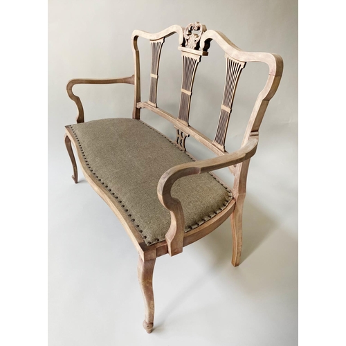 286 - HALL SEAT, late 19th century fruitwood with triple comb splat back and studded linen upholstered sea... 