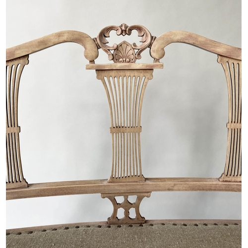 286 - HALL SEAT, late 19th century fruitwood with triple comb splat back and studded linen upholstered sea... 