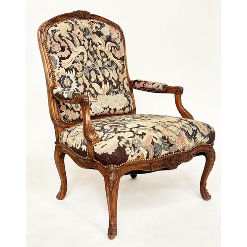 280 - FAUTEUIL, 99cm H x 72cm, 19th century French Louis XV style, carved walnut, with studded needlework ... 