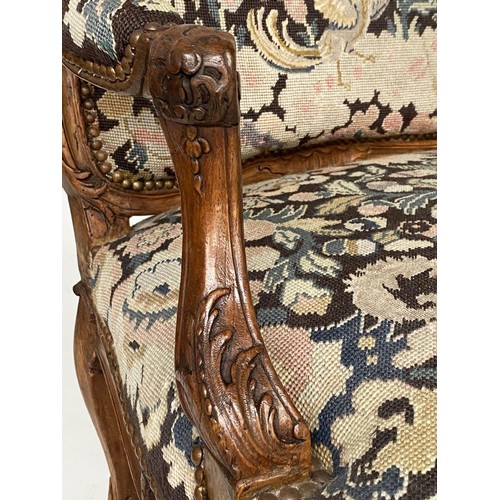 280 - FAUTEUIL, 99cm H x 72cm, 19th century French Louis XV style, carved walnut, with studded needlework ... 