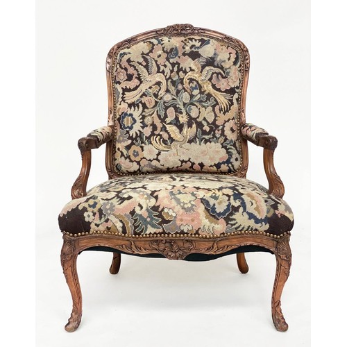 280 - FAUTEUIL, 99cm H x 72cm, 19th century French Louis XV style, carved walnut, with studded needlework ... 