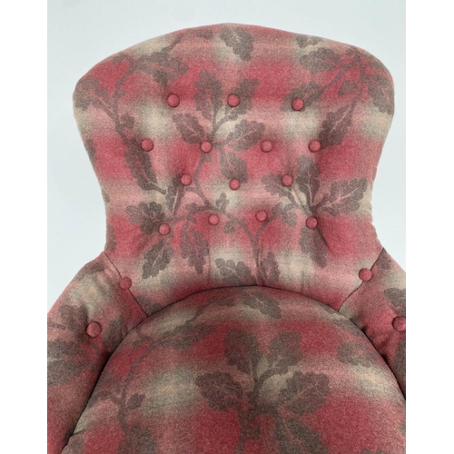 281 - ARMCHAIR, Victorian walnut with buttoned oak leaf and crimson/white blanket upholstery, 59cm.