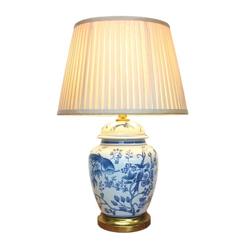 402 - TABLE LAMPS, a pair, 55cm x 35cm, Chinese export style blue and white ceramic, with shades. (2)