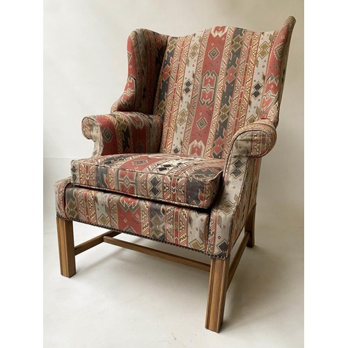 284 - KILIM STYLE WING ARMCHAIR, George III design mahogany, with patterned woven upholstery, 80cm W.