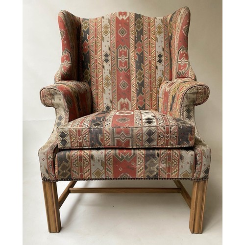 284 - KILIM STYLE WING ARMCHAIR, George III design mahogany, with patterned woven upholstery, 80cm W.