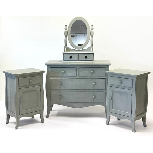 190 - CHEST, French style grey painted, 80cm H x 93cm x 40cm, together with a pair of bedside chests, 73cm... 