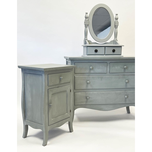 190 - CHEST, French style grey painted, 80cm H x 93cm x 40cm, together with a pair of bedside chests, 73cm... 