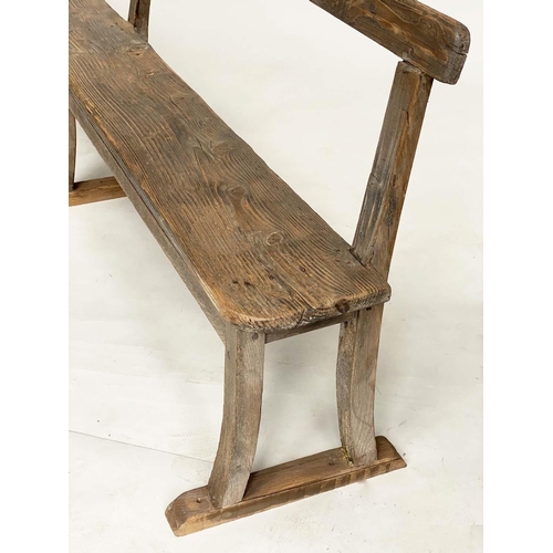 492 - HALL SEAT, vintage country pine rectangular with raised back, 240cm W.