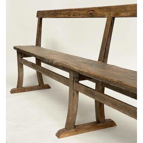 492 - HALL SEAT, vintage country pine rectangular with raised back, 240cm W.