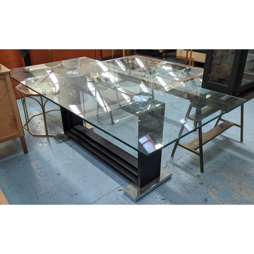 439 - DINING TABLE, 200cm x 100cm x 74cm, contemporary glass topped design, on stepped central support.