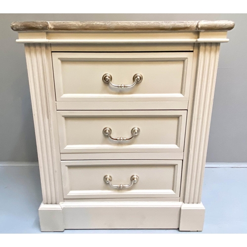 466 - SIDE CHEST, 58cm x 38cm x 67cm, Scandinavian style, painted finish, three short drawers.