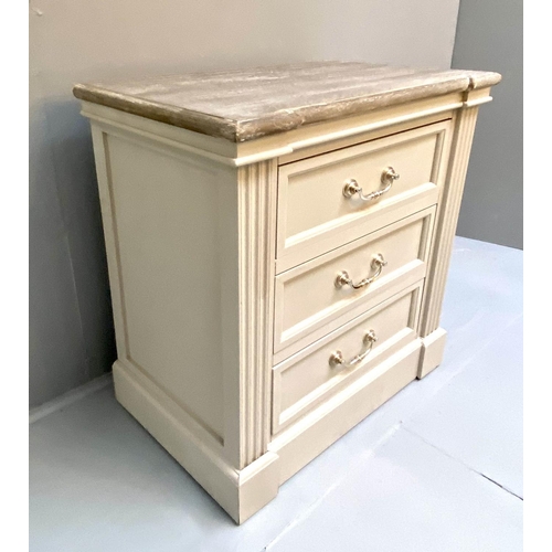 466 - SIDE CHEST, 58cm x 38cm x 67cm, Scandinavian style, painted finish, three short drawers.