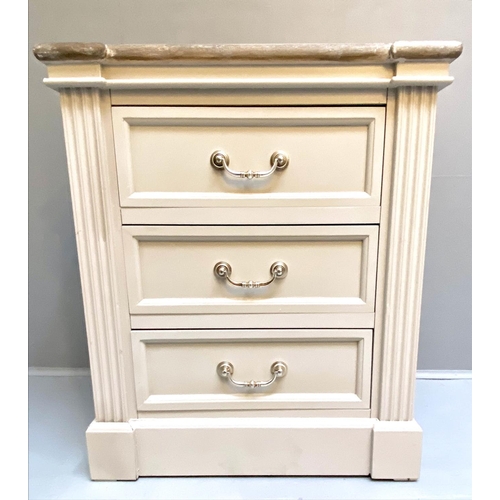 466 - SIDE CHEST, 58cm x 38cm x 67cm, Scandinavian style, painted finish, three short drawers.