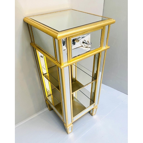 467 - COCKTAIL TABLE, 90cm H x 40cm W, square form, mirrored glass, gilt accents, with a drawer.