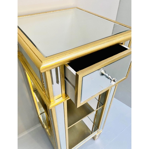 467 - COCKTAIL TABLE, 90cm H x 40cm W, square form, mirrored glass, gilt accents, with a drawer.