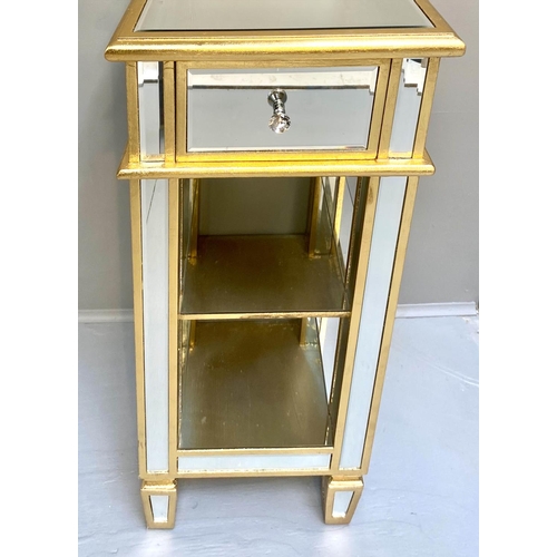 467 - COCKTAIL TABLE, 90cm H x 40cm W, square form, mirrored glass, gilt accents, with a drawer.