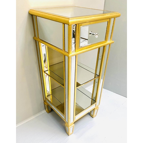 467 - COCKTAIL TABLE, 90cm H x 40cm W, square form, mirrored glass, gilt accents, with a drawer.