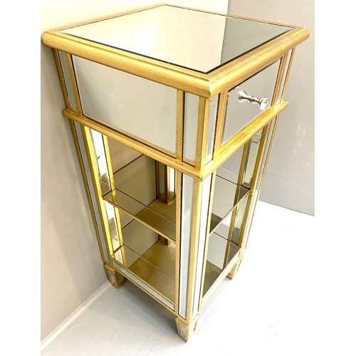 467 - COCKTAIL TABLE, 90cm H x 40cm W, square form, mirrored glass, gilt accents, with a drawer.