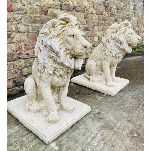 444 - SCULPTURAL LIONS, a pair, composite stone, 67cm H x 42cm W x 54cm D. (2)