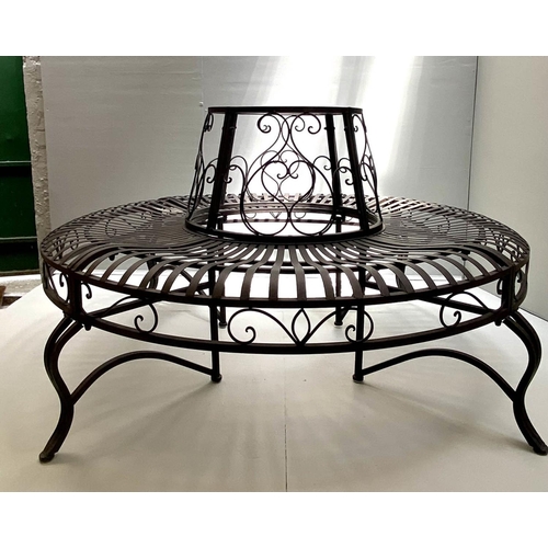 463 - ARCHITECTURAL GARDEN TREE BENCH, 78cm H x 140cm diam., Regency style, painted metal.