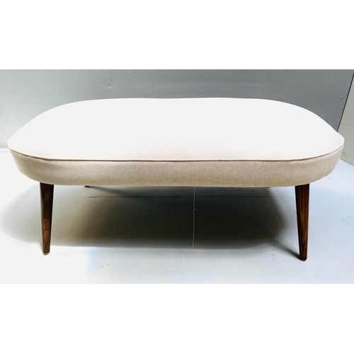 437 - FOOT STOOL, 46cm H x 106cm W x 54cm D,  1950s Italian style, neutral upholstery, splayed legs.