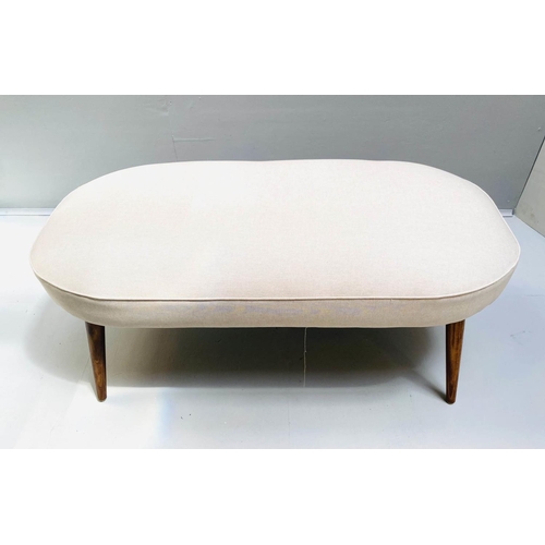 437 - FOOT STOOL, 46cm H x 106cm W x 54cm D,  1950s Italian style, neutral upholstery, splayed legs.