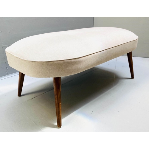 437 - FOOT STOOL, 46cm H x 106cm W x 54cm D,  1950s Italian style, neutral upholstery, splayed legs.