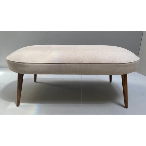 437 - FOOT STOOL, 46cm H x 106cm W x 54cm D,  1950s Italian style, neutral upholstery, splayed legs.