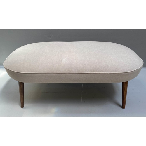 437 - FOOT STOOL, 46cm H x 106cm W x 54cm D,  1950s Italian style, neutral upholstery, splayed legs.