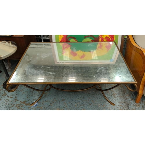 441 - JULIAN CHICHESTER MIRRORED GLASS TOPPED TABLE, gilt curvilinear frame, oval stretcher, 50cm H x 122c... 