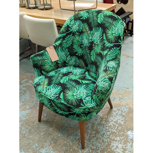 473 - ARMCHAIR, 90cm H, tropical print fabric upholstered with cushion.