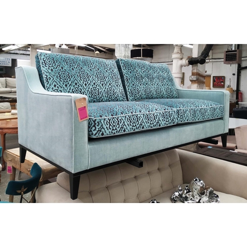 474 - BESPOKE SOFA LONDON SOFA, 190cm x 95cm x 90cm, blue velvet upholstered, with contrasting cushions.