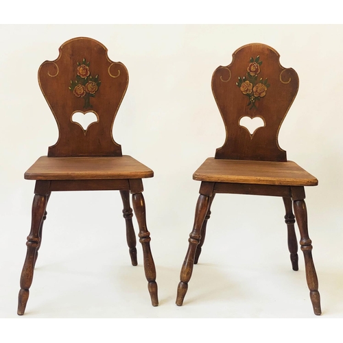 495 - CHALET HALL CHAIRS, a pair, 19th century Swiss hand painted pine of cleated construction, 44cm W. (2... 