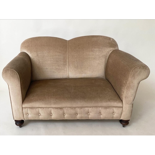 477 - SOFA, 140cm W x 159cm arm down Edwardian two seater with drop arm and button taupe velvet upholstery... 