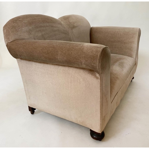 477 - SOFA, 140cm W x 159cm arm down Edwardian two seater with drop arm and button taupe velvet upholstery... 