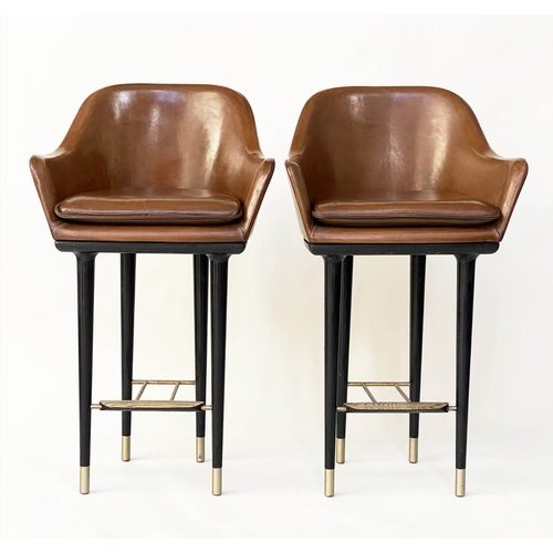 366 - BAR STOOLS, a pair, 107cm H (seat 75cm H), 1970's Danish style, tan leather, raised upon tapering br... 