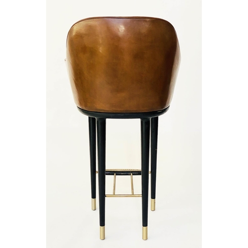 366 - BAR STOOLS, a pair, 107cm H (seat 75cm H), 1970's Danish style, tan leather, raised upon tapering br... 