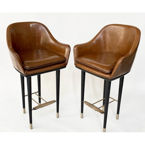 366 - BAR STOOLS, a pair, 107cm H (seat 75cm H), 1970's Danish style, tan leather, raised upon tapering br... 