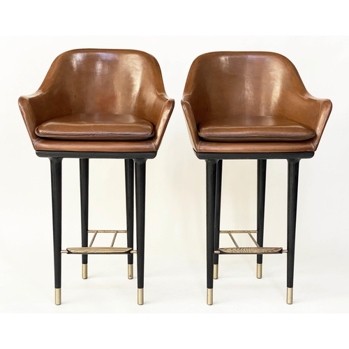 366 - BAR STOOLS, a pair, 107cm H (seat 75cm H), 1970's Danish style, tan leather, raised upon tapering br... 