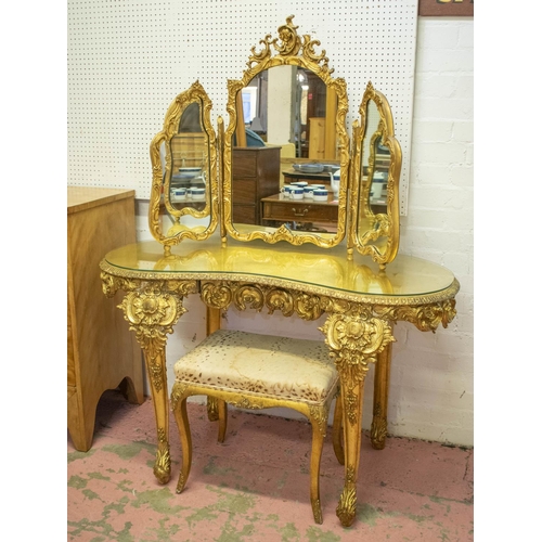 193 - KIDNEY SHAPED DRESSING TABLE, Rococo style gilt with triple mirror, glass cover and stool, mirror, 8... 