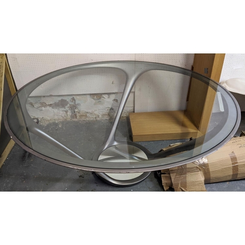 477 - ROCHE BOBOIS DINING TABLE, 170cm W x 74cm H, circular, on a silvered base glass top.