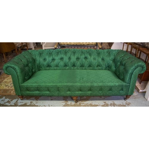 160 - CHESTERFIELD SOFA, 70cm H x 222cm W x 93cm D, Victorian walnut in designer green fabric on castors.