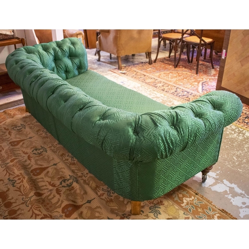 160 - CHESTERFIELD SOFA, 70cm H x 222cm W x 93cm D, Victorian walnut in designer green fabric on castors.