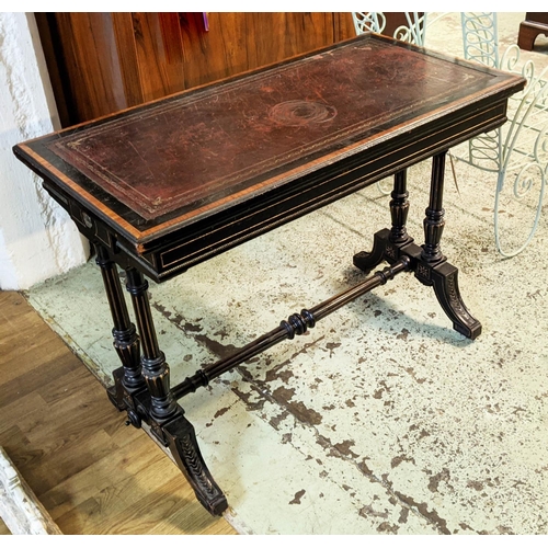 159 - GILLOW & CO WRITING/CARD TABLE, 75cm H x 99cm x 50cm, Victorian Aesthetic ebonised with burgundy lea... 