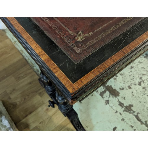 159 - GILLOW & CO WRITING/CARD TABLE, 75cm H x 99cm x 50cm, Victorian Aesthetic ebonised with burgundy lea... 