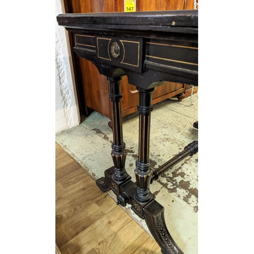 159 - GILLOW & CO WRITING/CARD TABLE, 75cm H x 99cm x 50cm, Victorian Aesthetic ebonised with burgundy lea... 