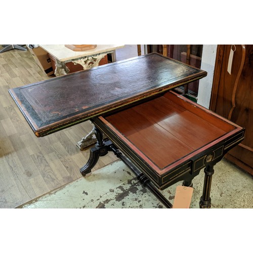 159 - GILLOW & CO WRITING/CARD TABLE, 75cm H x 99cm x 50cm, Victorian Aesthetic ebonised with burgundy lea... 