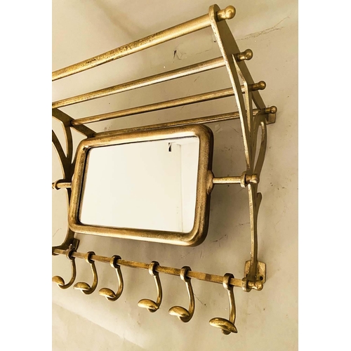 339 - WALL MOUNTING LUGGAGE RACK, 54cm high, 67cm wide, 36cm deep, articulating mirror, six hooks, gilt me... 