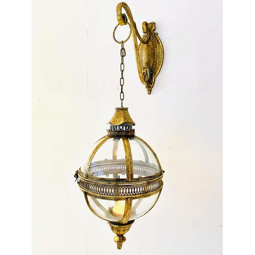 331 - WALL HANGING CANDLE LANTERNS, a pair, Regency style, globular, gilt metal frames, 75cm H. (2)